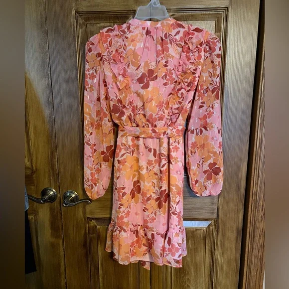 Lauren Conrad Pink and Orange Floral Metallic Ruffed Long Sleeve Belted Dress - Picture 2 of 7